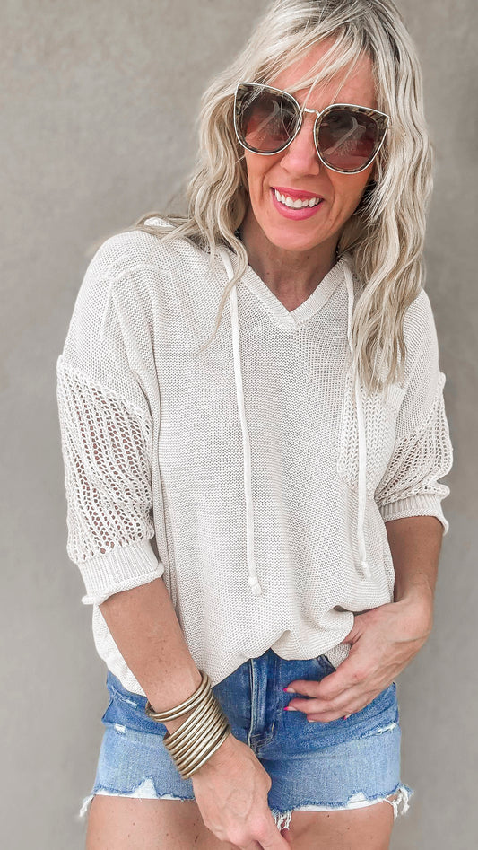 Sheer Knit Hoodie Pullover Sweater