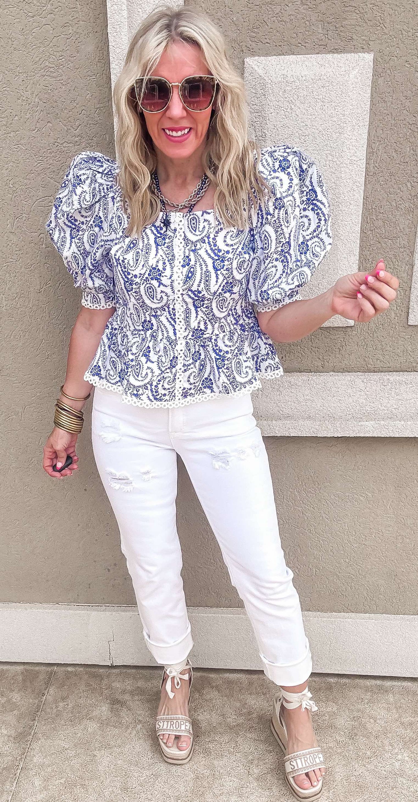 Blue White Stripe Puff Sleeve Peplum Top | FINAL SALE