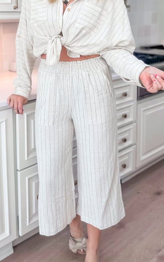 Boardwalk Pinstripe Smocked Waist Cropped Pants - Final Sale