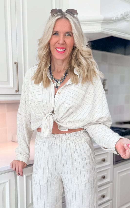 Natural Linen Blend Pinstripe Dolman Shirt - Final Sale