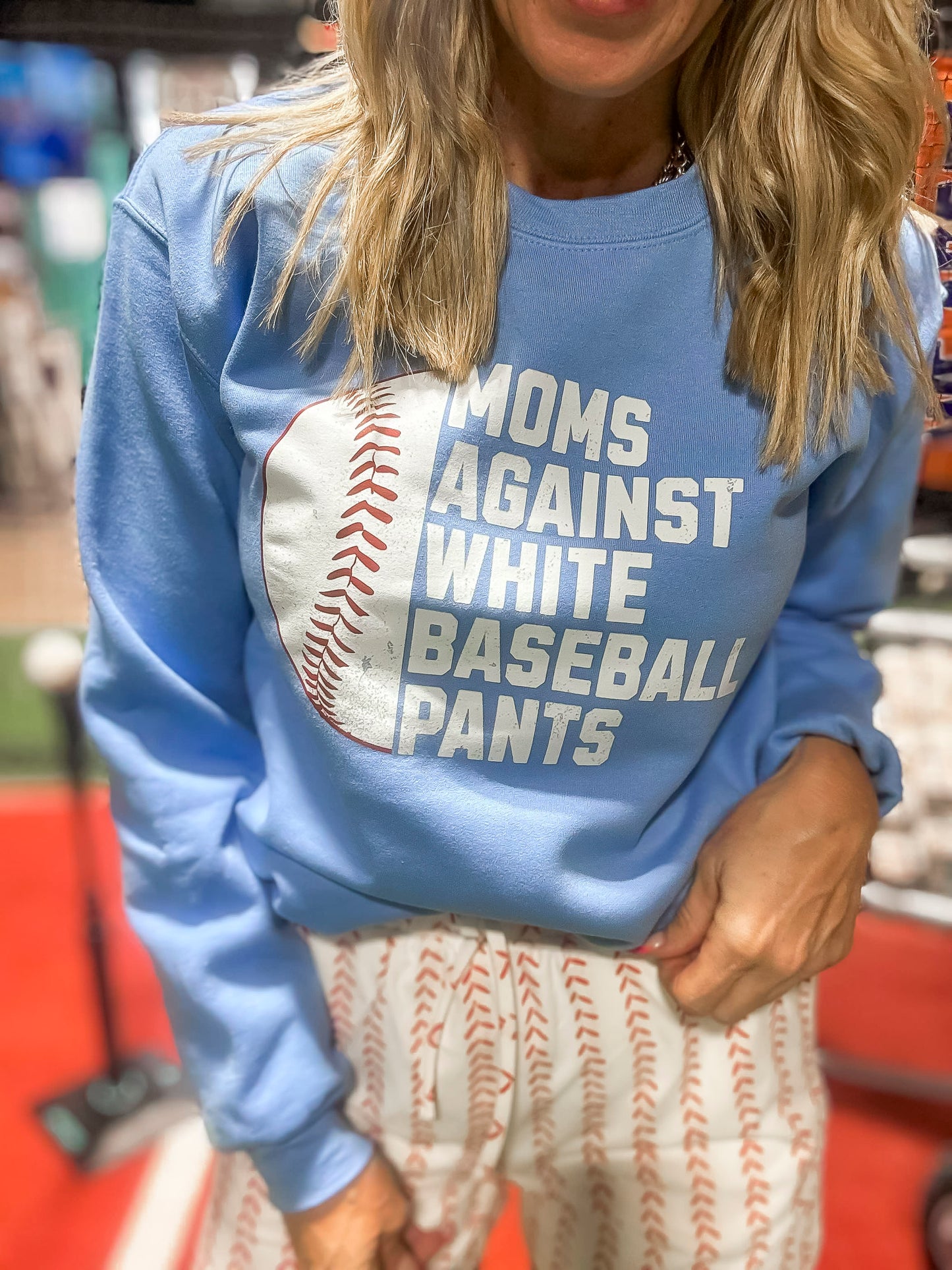 Carolina Blue Moms Against White Baseball Pants Graphic Crewneck Sweatshirt