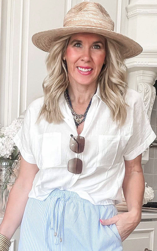 Textured Short Sleeve Button Front Collared Shirt - Final Sale