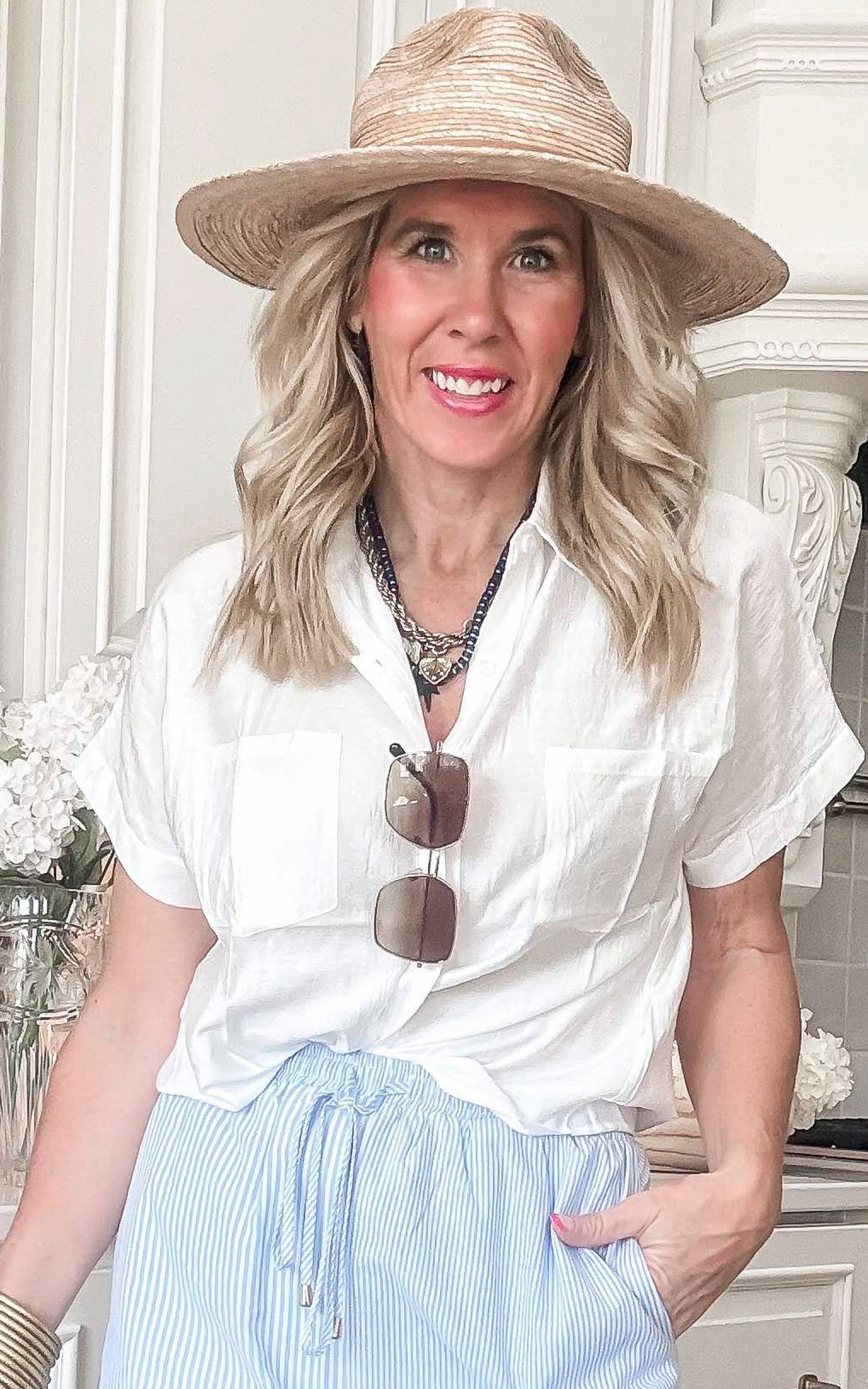 Textured Short Sleeve Button Front Collared Shirt - Final Sale