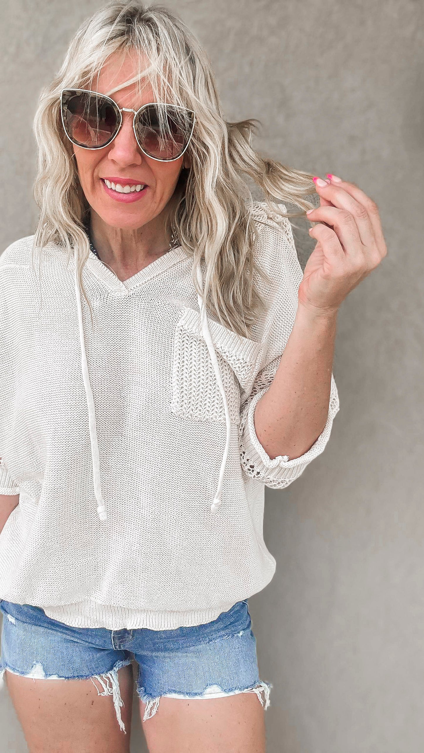 Sheer Knit Hoodie Pullover Sweater