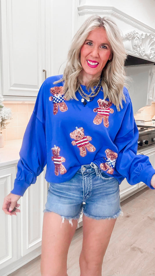 Teddy Bear Sequin Embroidery Sweater - Final Sale
