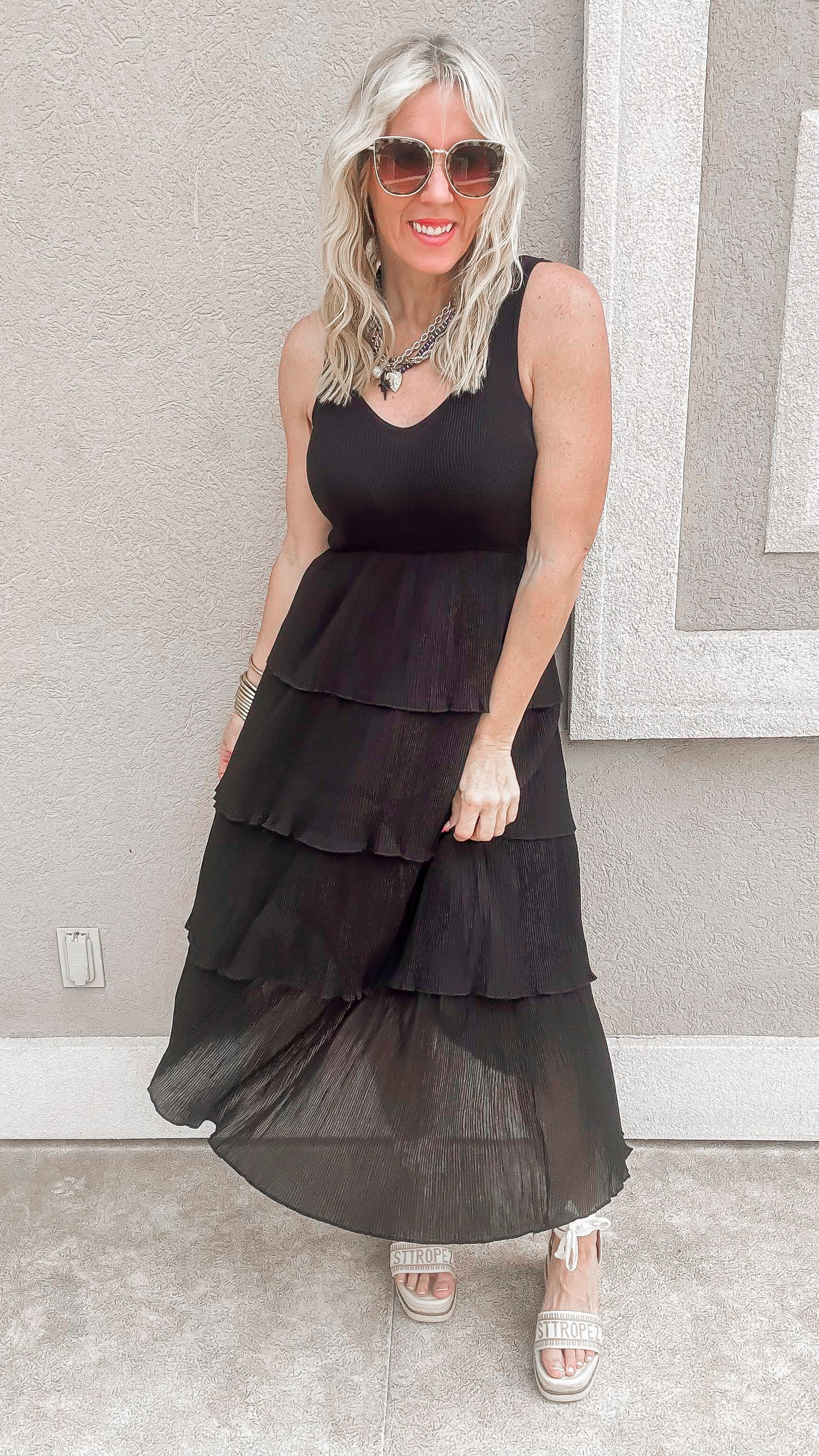 Black Pleated Tiered Midi Dress - Final Sale