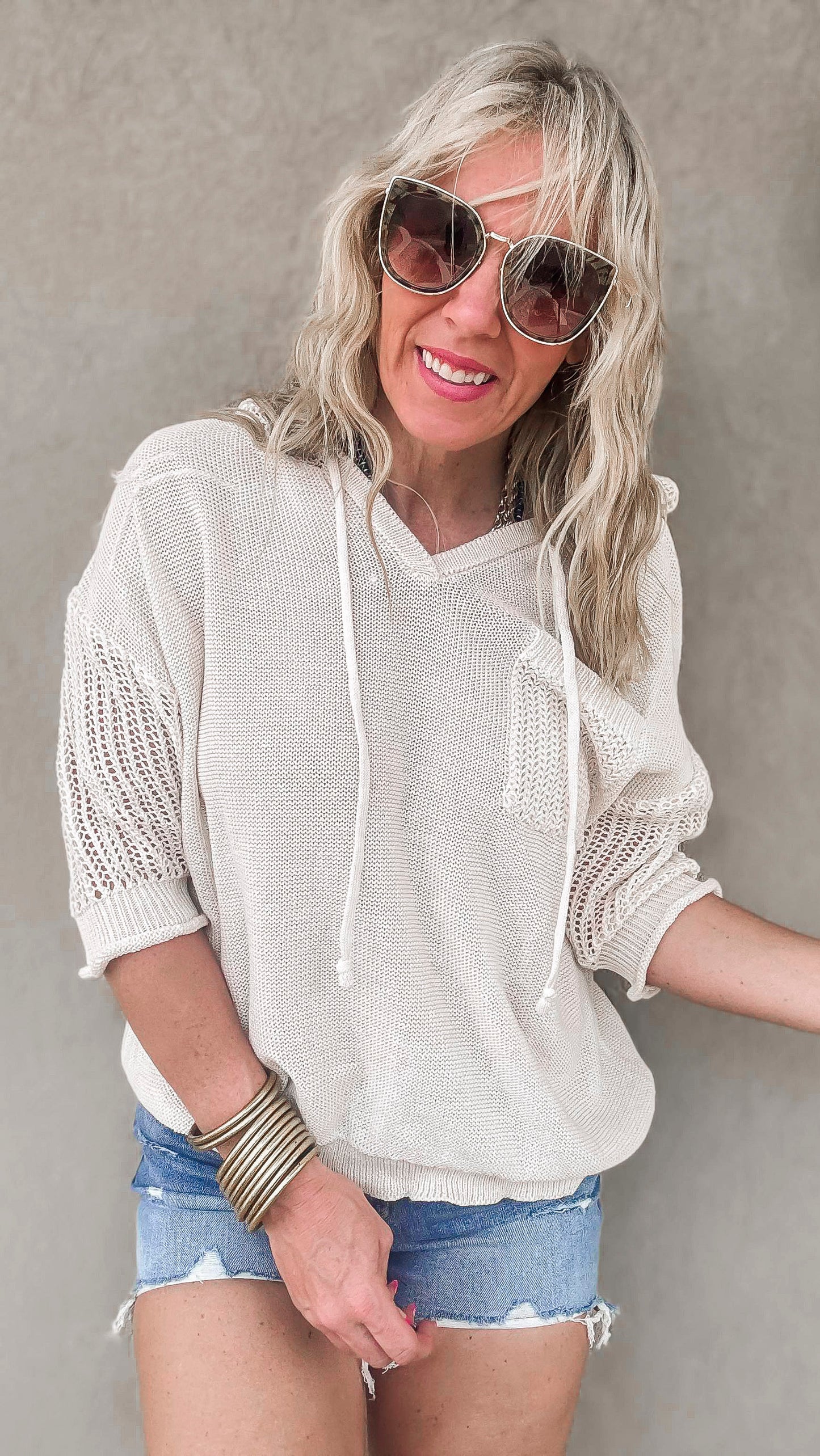 Sheer Knit Hoodie Pullover Sweater