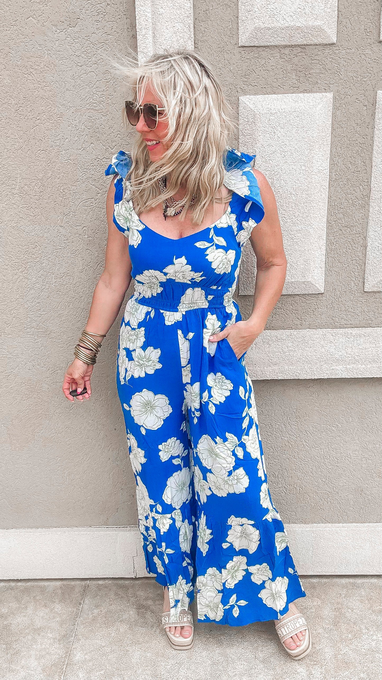 Royal Blue Floral Ruffle Hem Jumpsuit - Final Sale