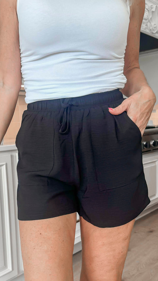 Black Bamboo Textured Woven Flowy Shorts -Final Sale