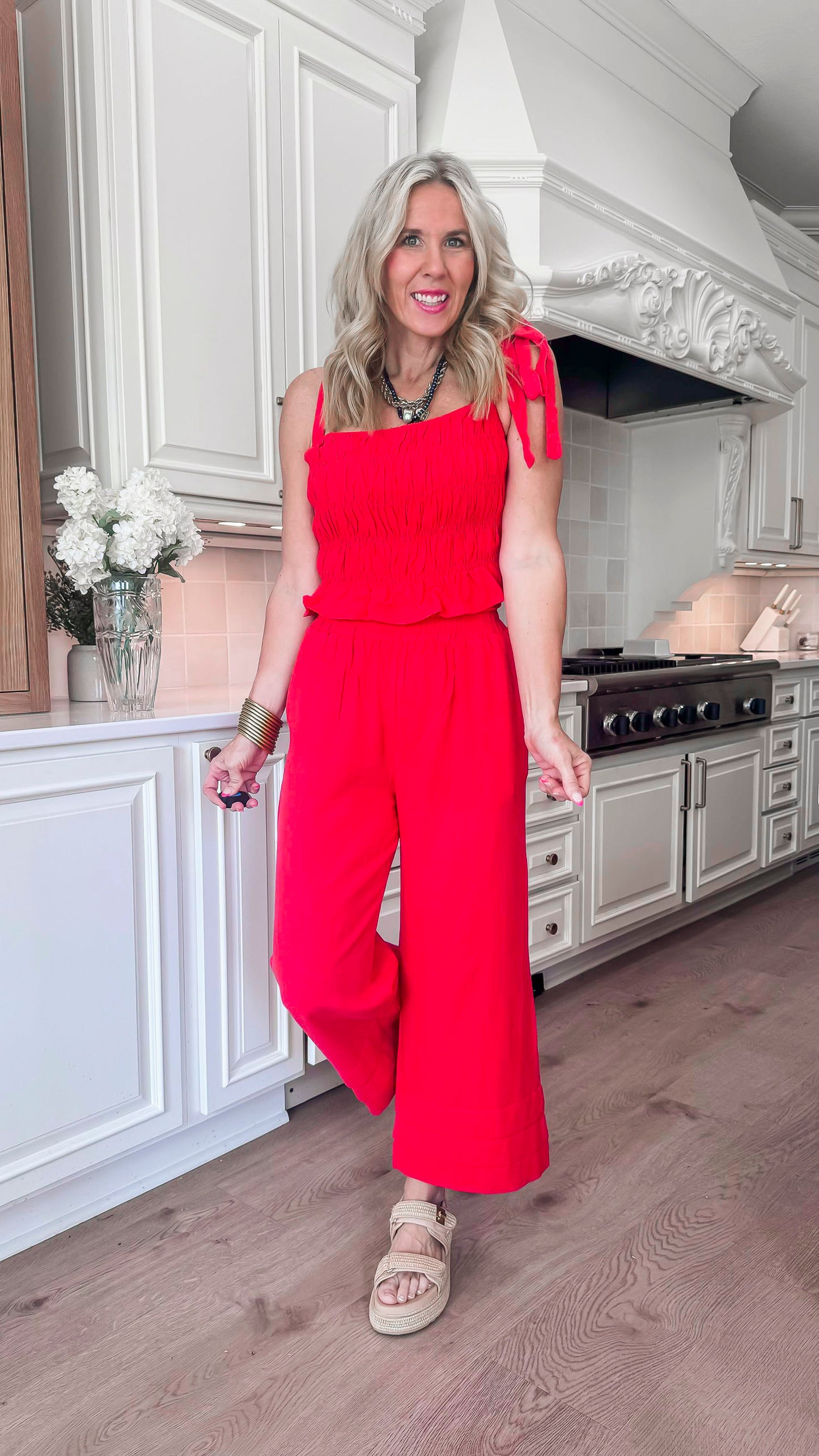 Poppy Red Soft Linen Smocked Tie Straps Tank Top - Final Sale