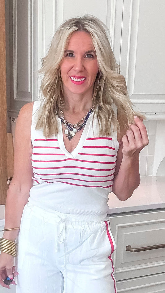 Red White Striped Knit Polo Sweater Tank Top - Final Sale