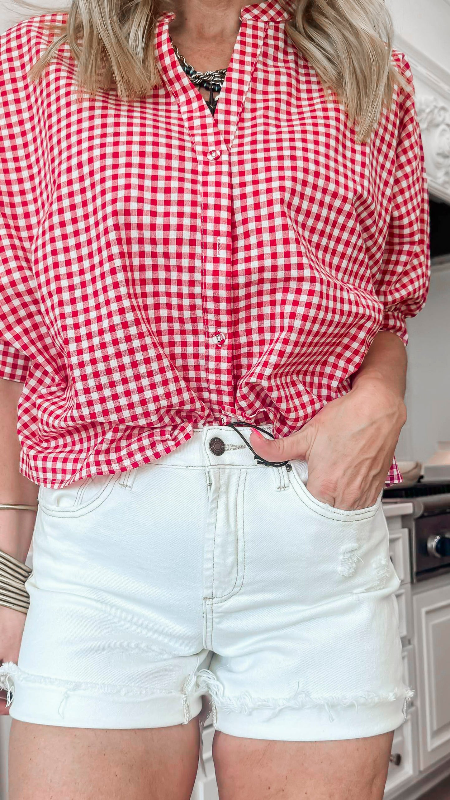 Red Gingham Dolman Sleeve Blouse Top