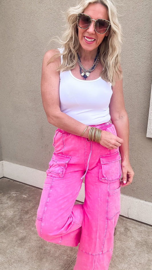 Washed Cargo Pocket Detail Wide leg Pants