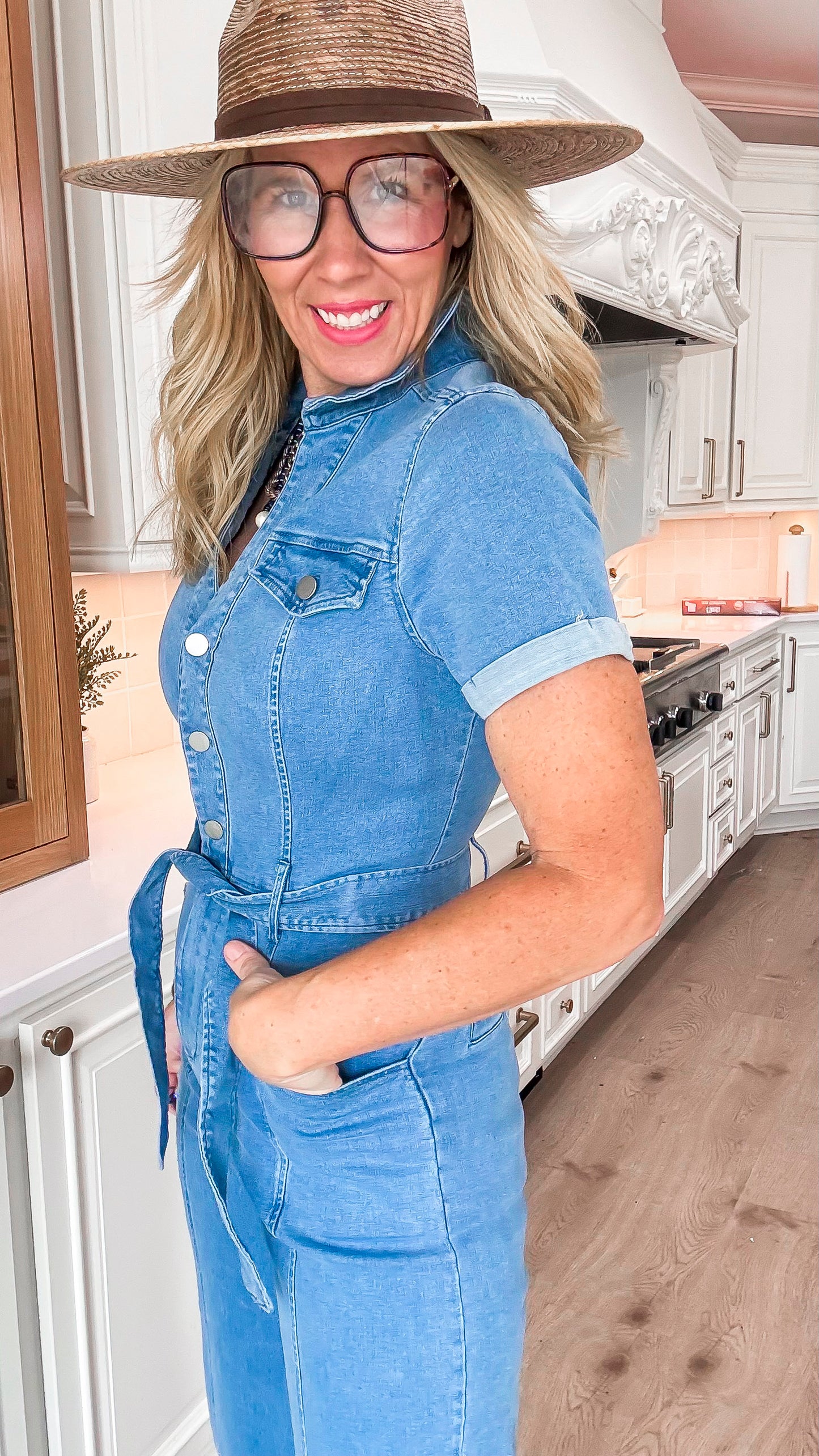 Short Sleeve Solid Denim Jumpsuit