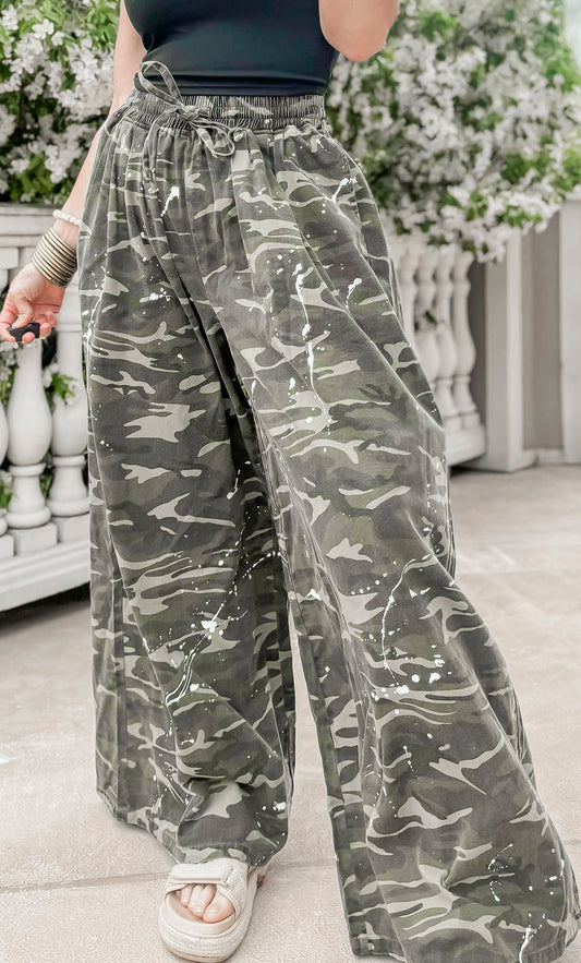 Mineral-washed Paint Splatter Detail Camo Pants** - Final Sale