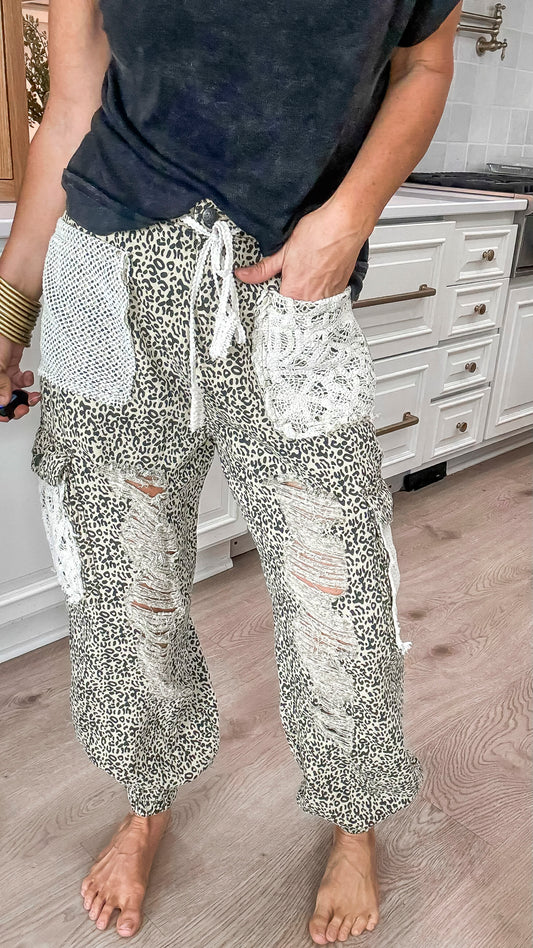 Sand Leopard Vintage Wash Crochet Patches Distress Jogger Pants | POL