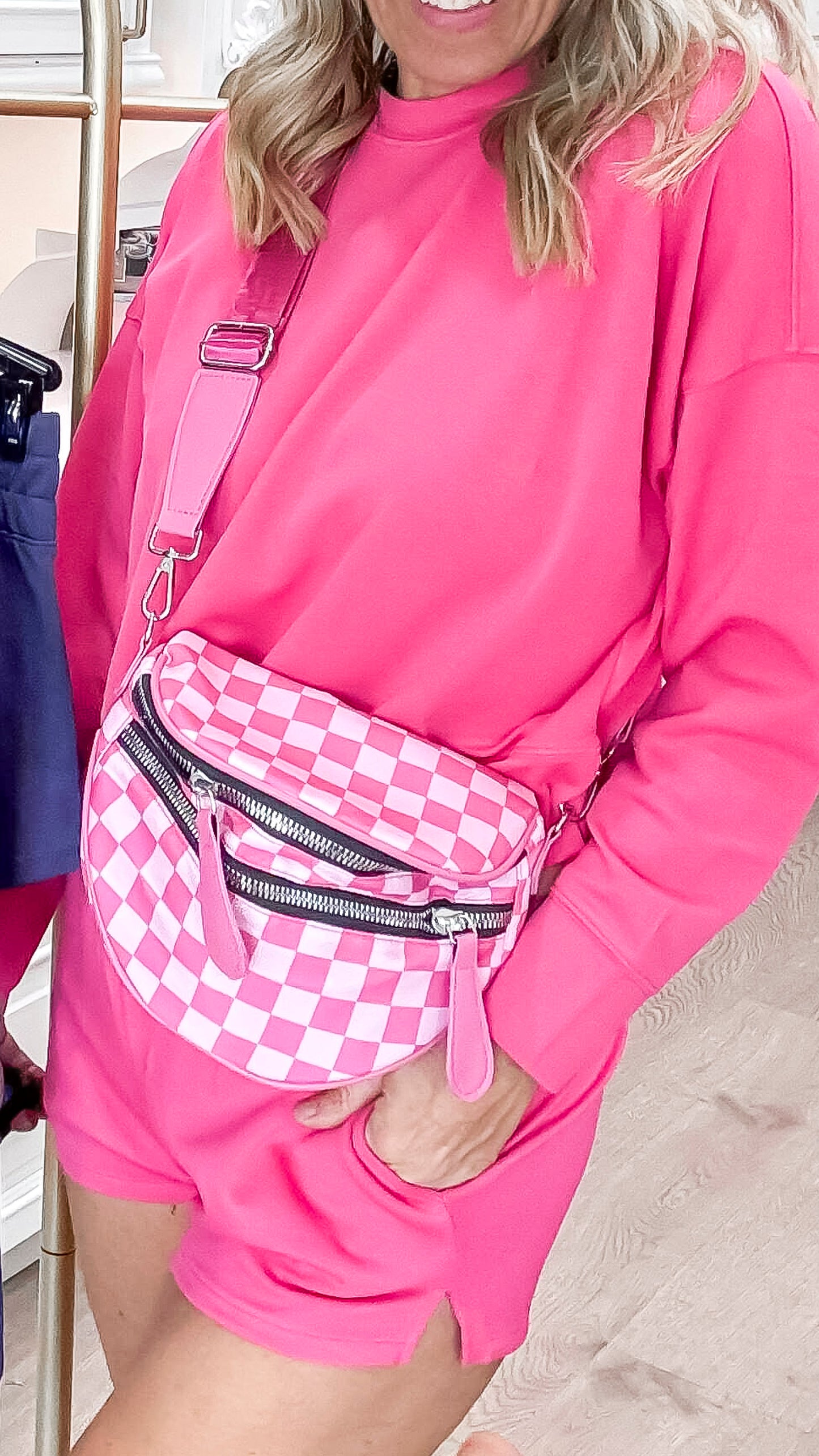 Checkered Double Zip Crescent Sling Bum Bag - DEAL