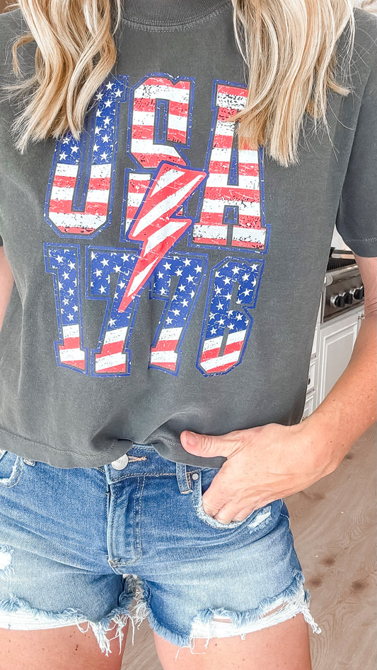 1776 USA Garment Dyed Graphic Boxy Crop T-shirt - Final Sale