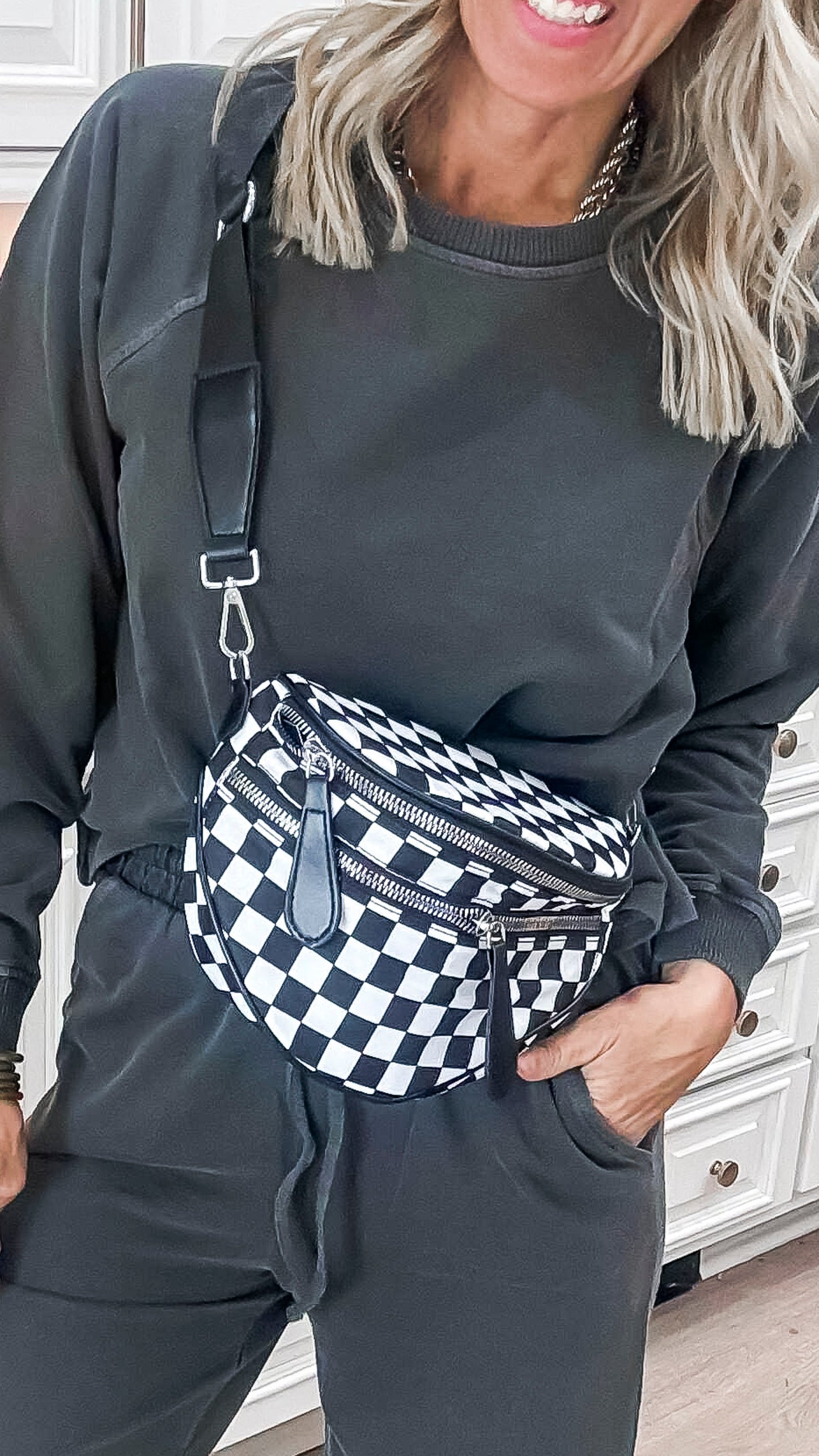 Checkered Double Zip Crescent Sling Bum Bag - DEAL