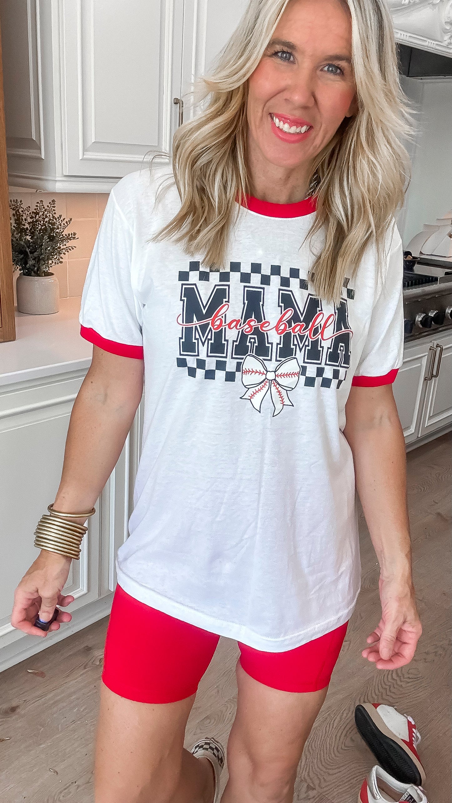Checked Baseball Mama Ringer Graphic T-shirt