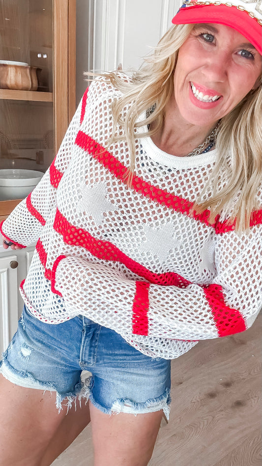 See My Stars and Stripes Crochet Loose Pullover Top