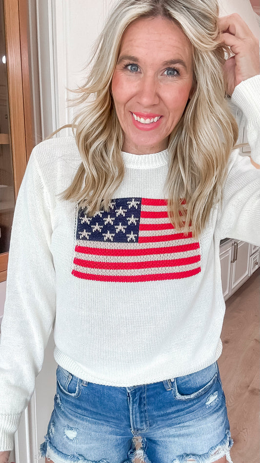 American Flag Round Neck Sweater Top - Final Sale