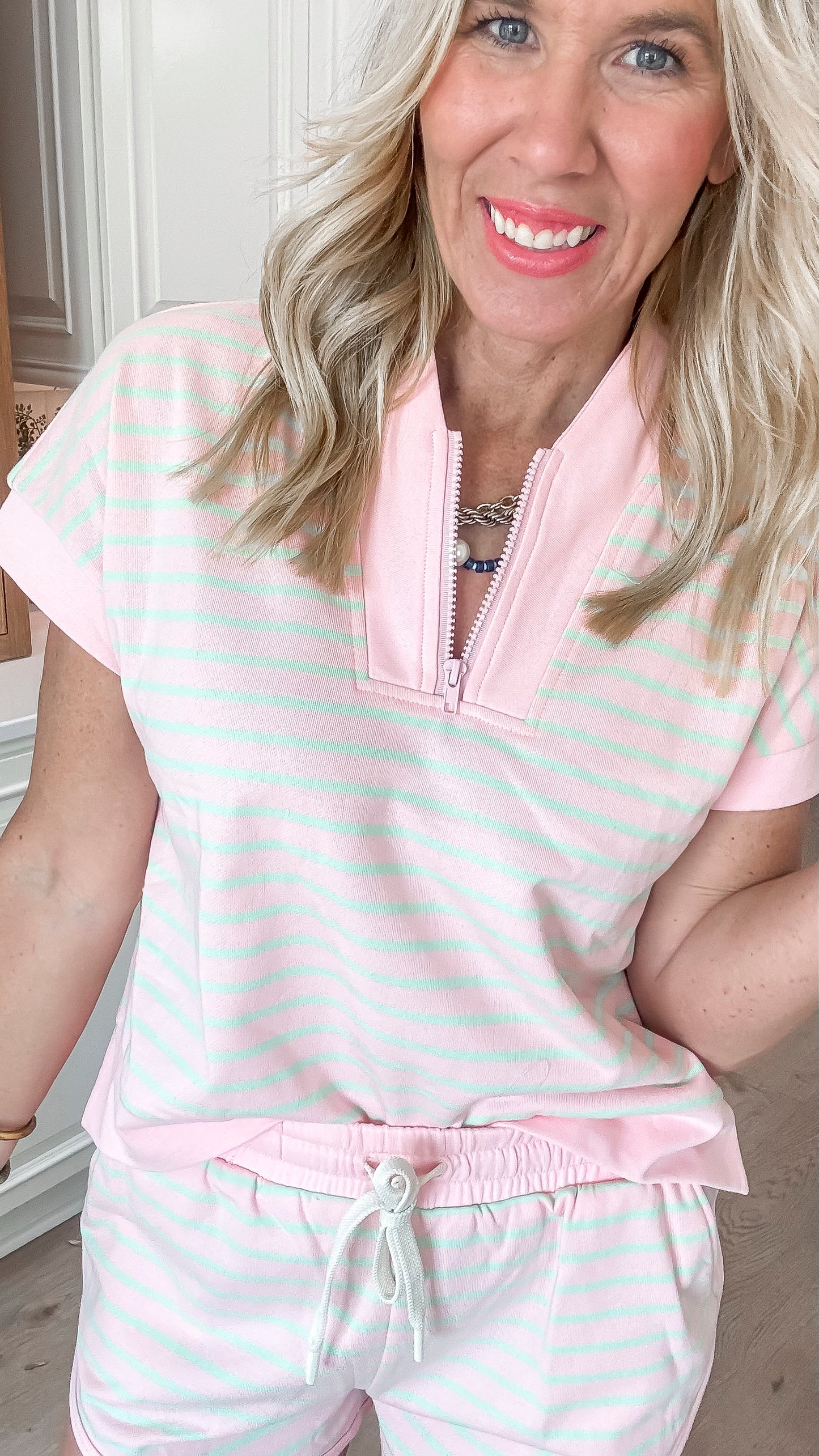 Half Zip Up Striped Top And Short Set