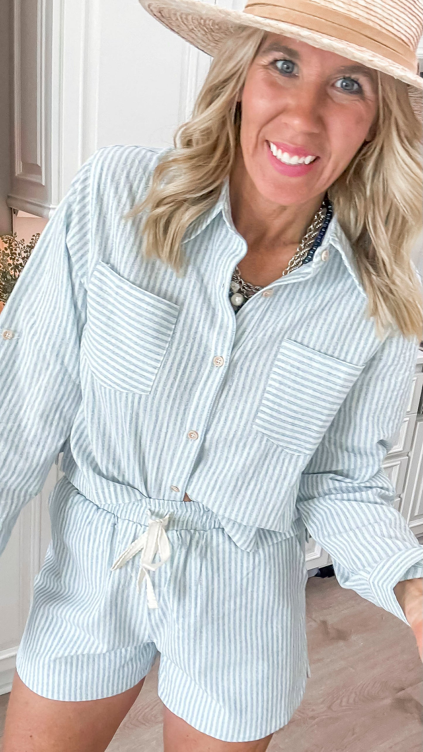 Cropped Long Sleeve Linen Striped Shirt - Final Sale