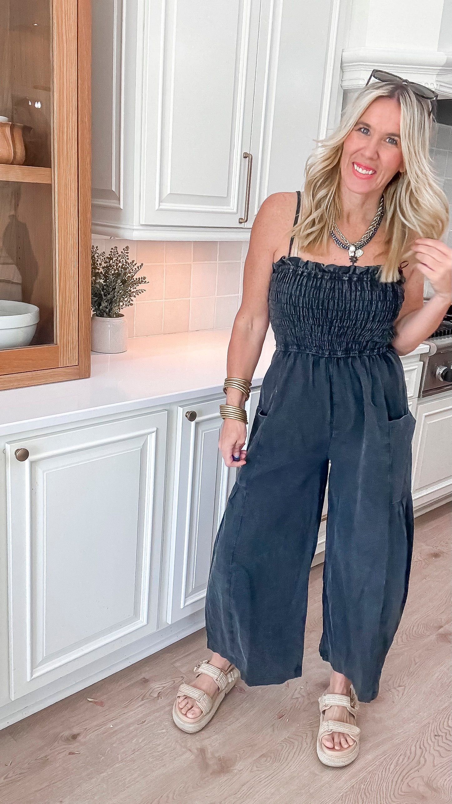 Mineral Wash Sleeveless Smocked Jumpsuit - Final Sale