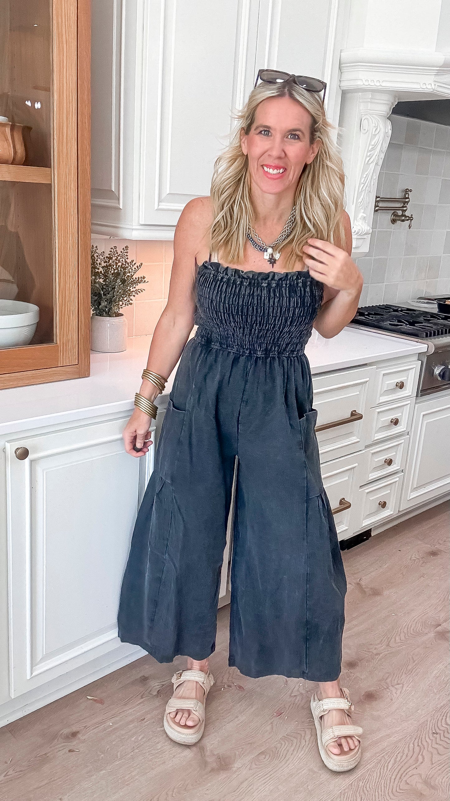 Mineral Wash Sleeveless Smocked Jumpsuit - Final Sale