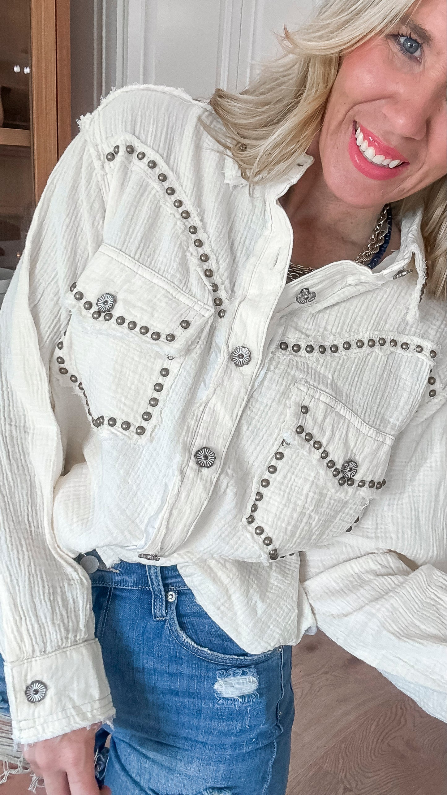 Natural Studded Western Style Cotton Twill Top | POL