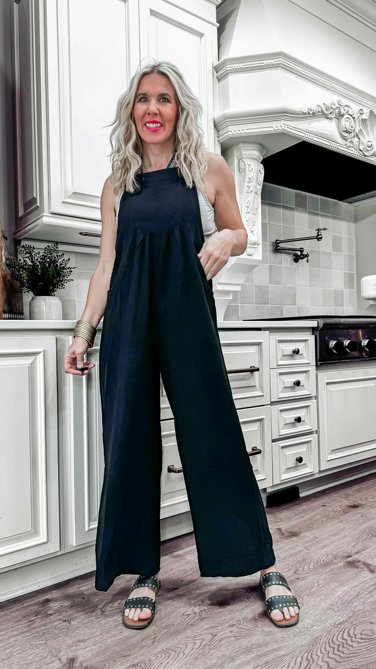 Black Button Sling Wide-leg Overall Jumpsuit**
