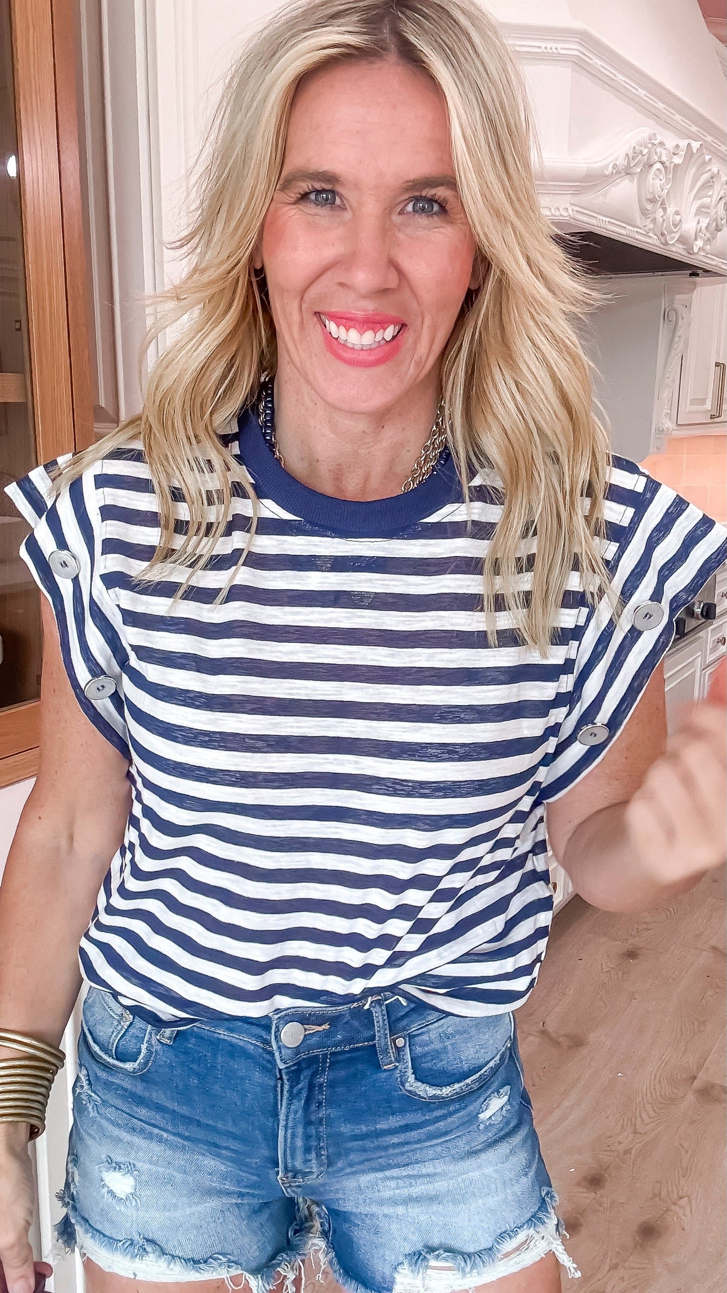 Navy Striped Short Sleeve Button Detailed Top