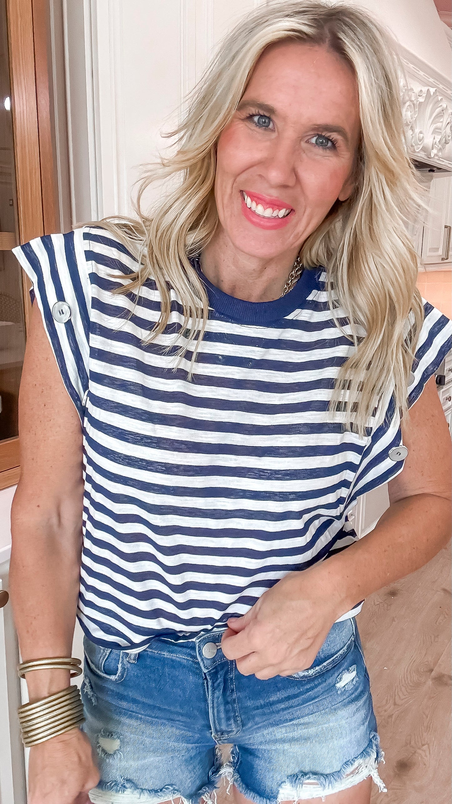 Navy Striped Short Sleeve Button Detailed Top