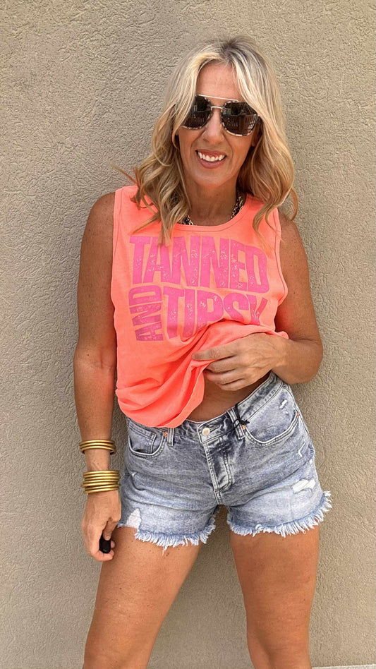 Tanned and Tipsy Garment Dyed Graphic Tank Top