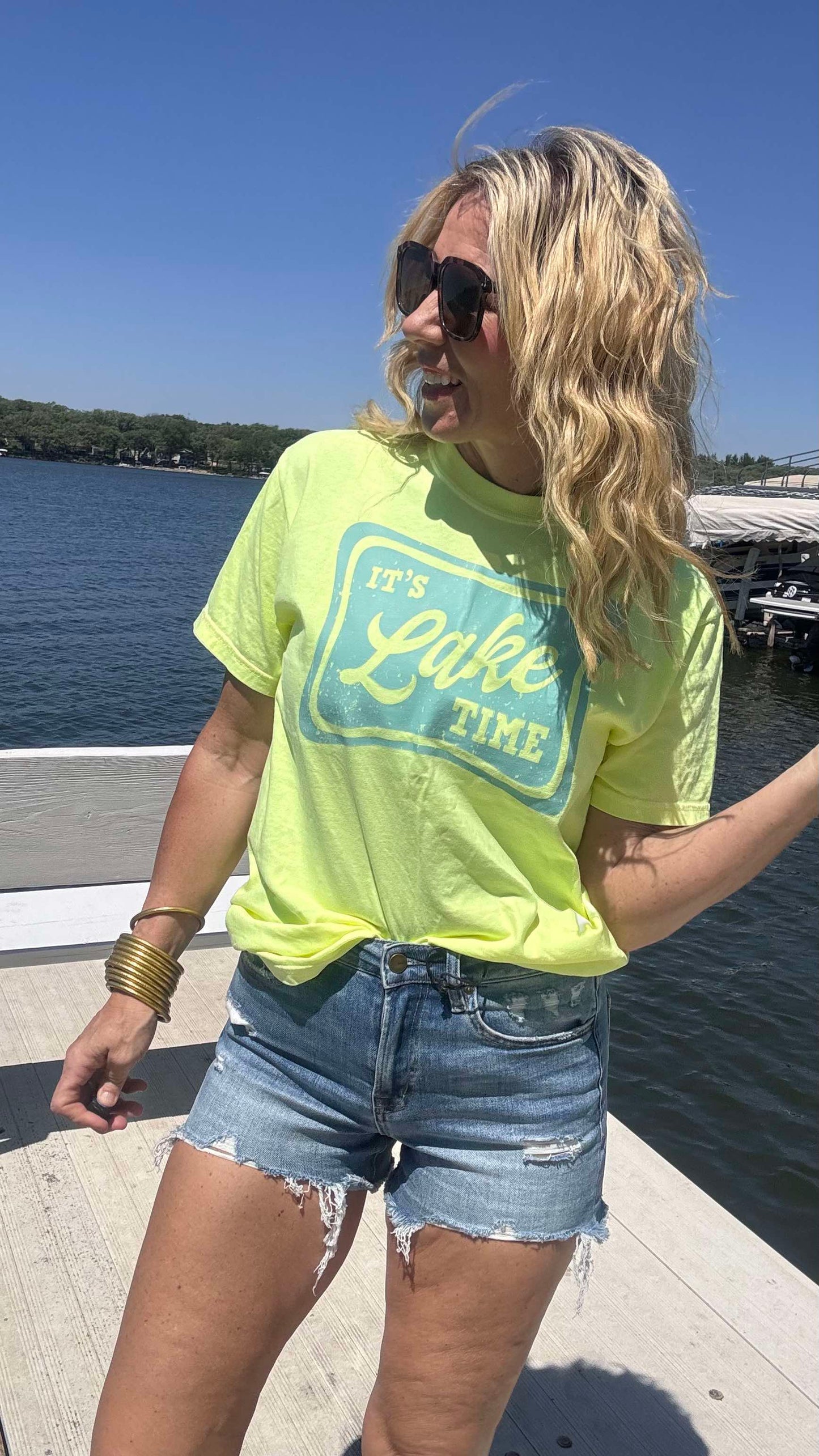 Neon Yellow It's Lake Time Garment Dyed Graphic T-shirt - Final Sale