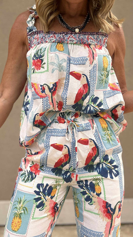 Tropical Print Linen Blend Ruffle Shoulder Top - Final Sale