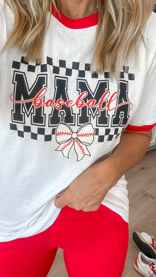 Checked Baseball Mama Ringer Graphic T-shirt