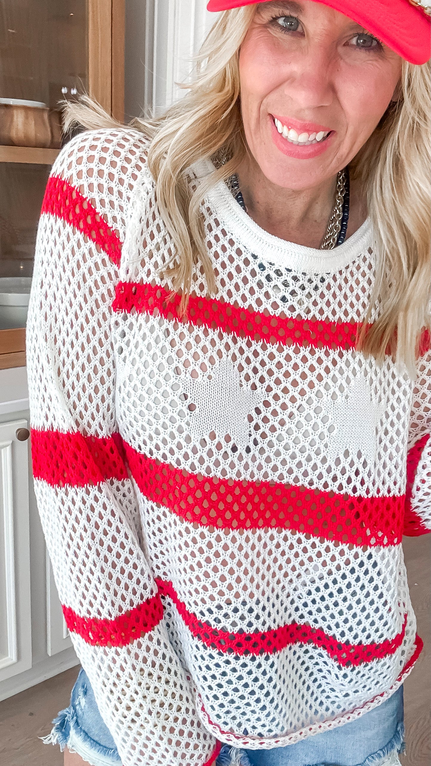 See My Stars and Stripes Crochet Loose Pullover Top