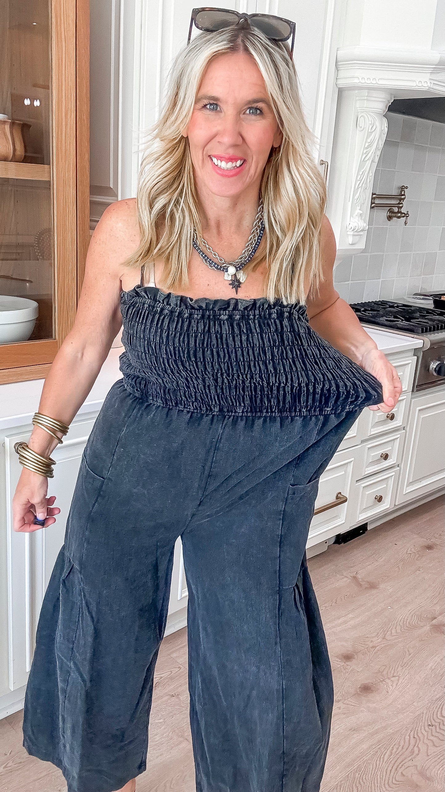 Mineral Wash Sleeveless Smocked Jumpsuit - Final Sale