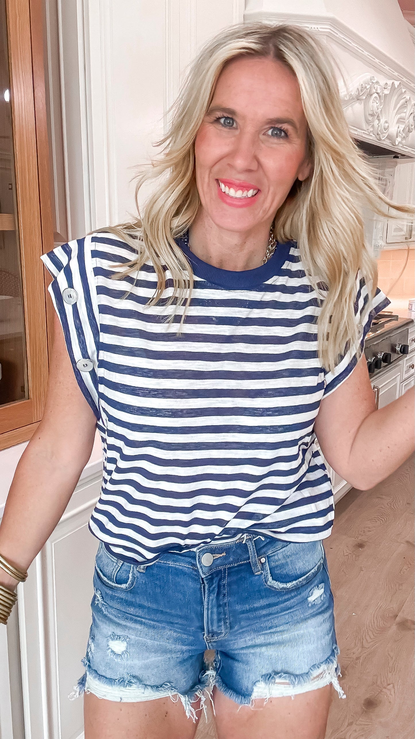 Navy Striped Short Sleeve Button Detailed Top
