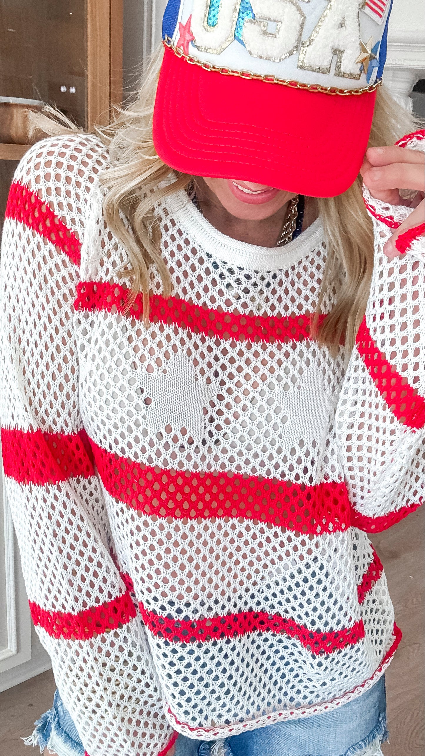 See My Stars and Stripes Crochet Loose Pullover Top
