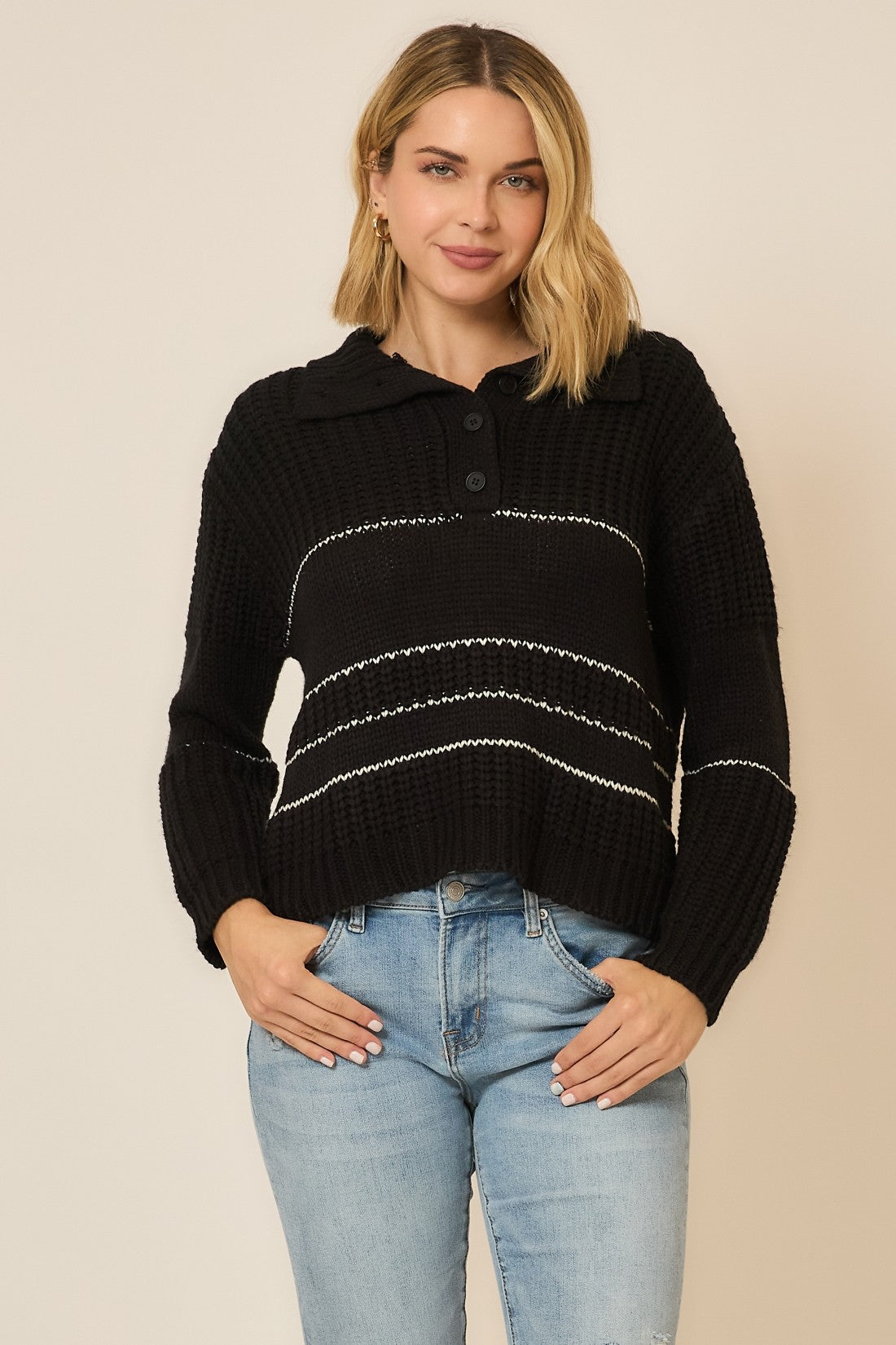 Black Button Up Knit Sweater With Contrast Stripes | COZY CO *30A SEPT PREORDER
