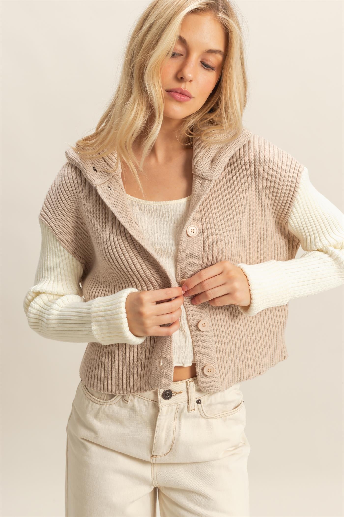Contrasting Sleeves Sweater Cardigan (3 COLORS) | HYFVE *LA LIVE PREORDER