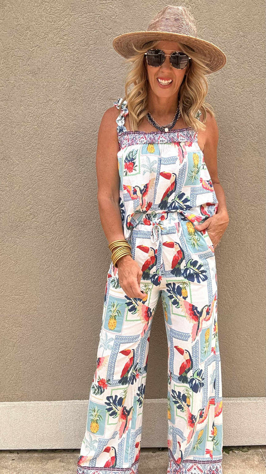 Linen Tropical Print Wide Leg Pants - Final Sale