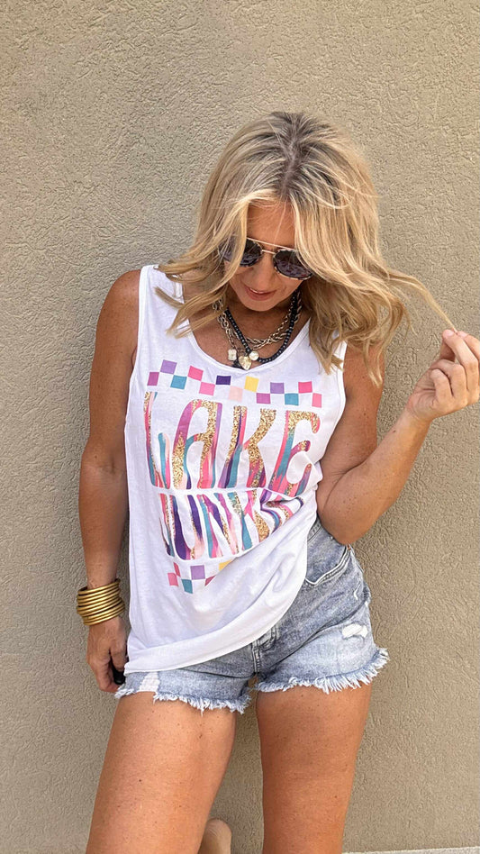 Color Check Lake Junkie Garment Dyed Graphic Tank Top