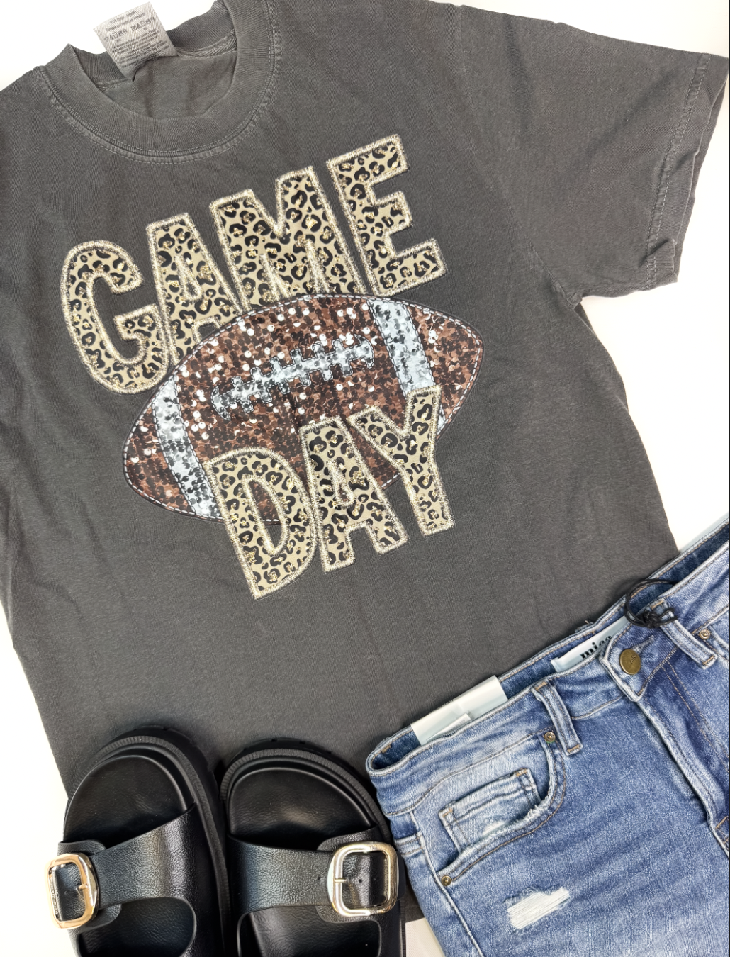 Comfort Colors Game Day tee in pepper grey with shimmer detail for a fun gameday look.