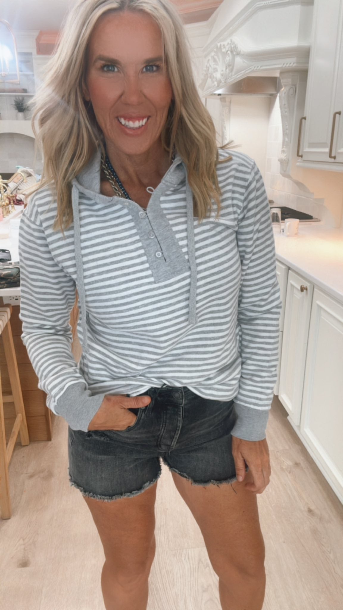 Casual grey-and-white striped sweatshirt