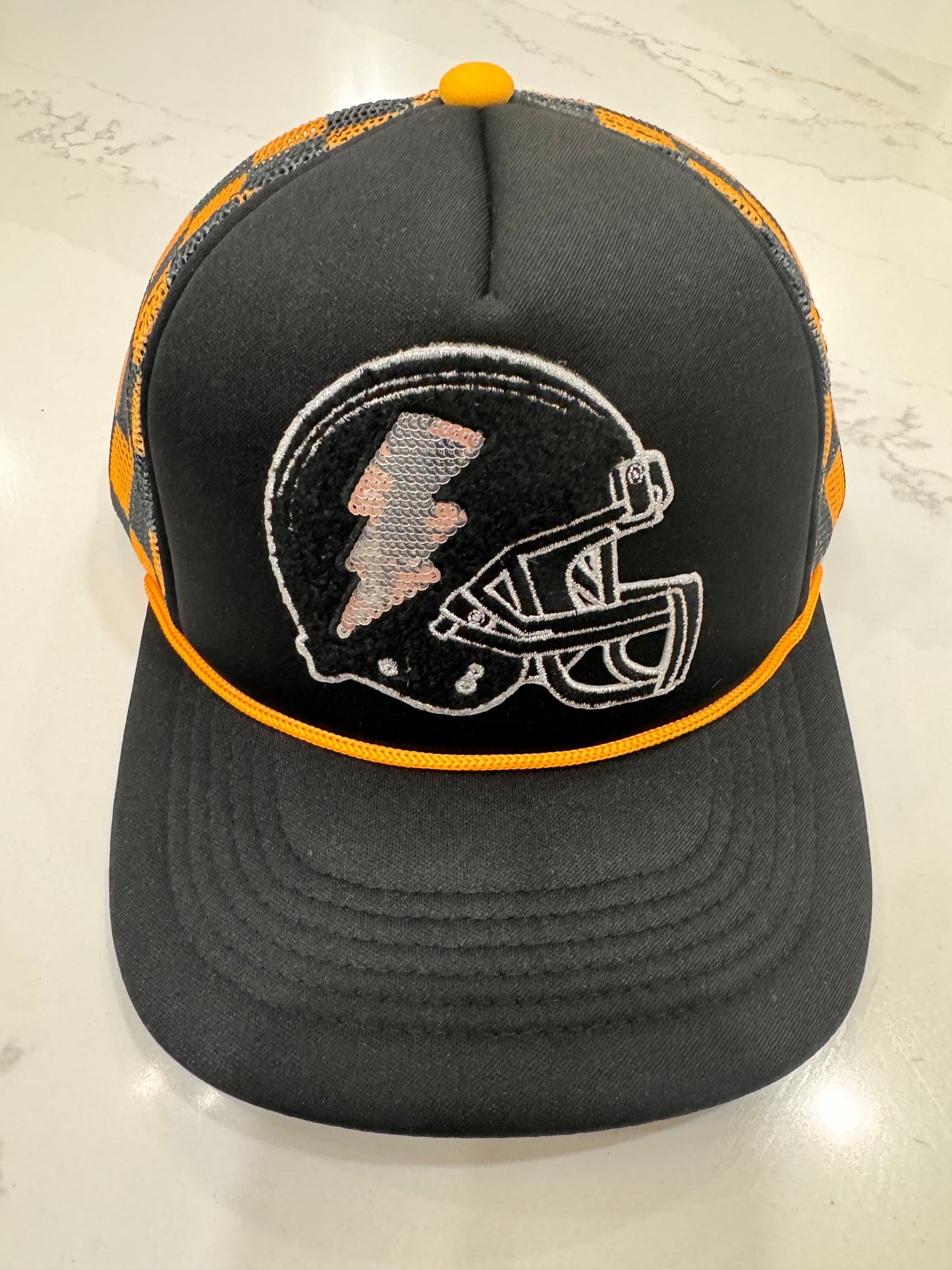 Sara's Custom Checkered Football Black & Gold Trucker Hat