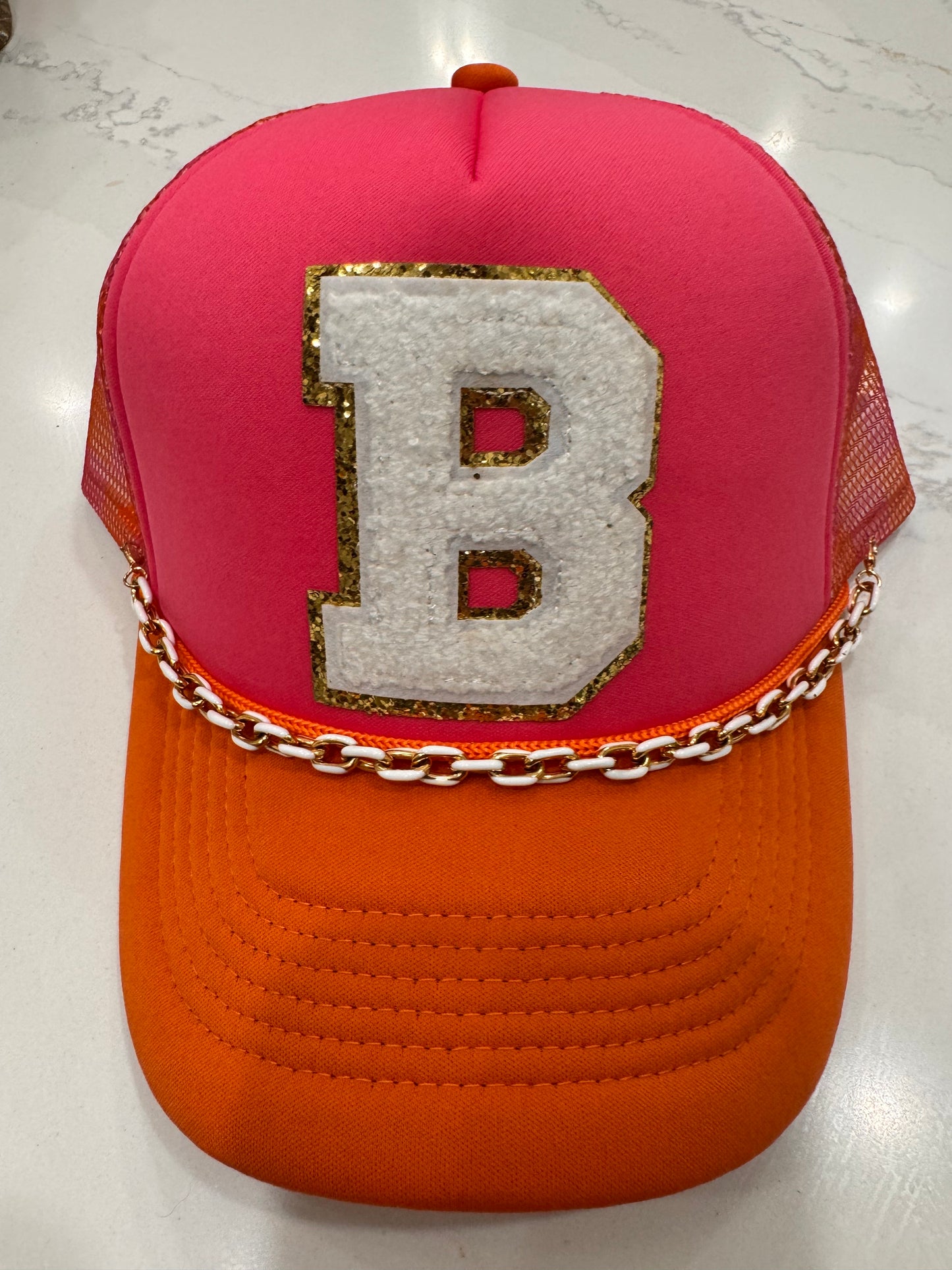 Sara's Custom ColorBlock Fuchsia "B" with Chain Trucker Hat
